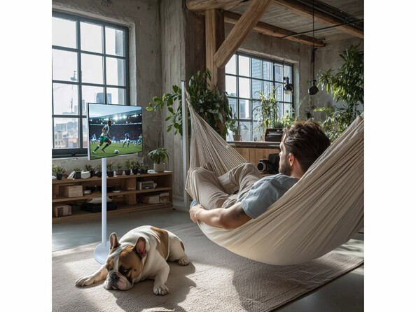 Écran nomade tactile connecté Full HD 23,8" diffusant un match de foot devant une personne dans un hamac
