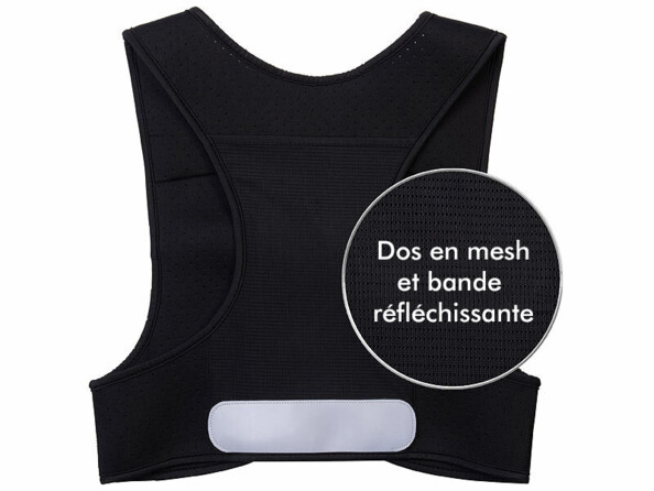 gilet d'hydratation course à pieds vu de dos avec texte dos en mesh et réfléchisseur
