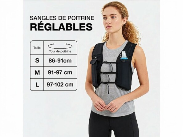gilet de course à pied porté par une femme avec tableau des tailles
