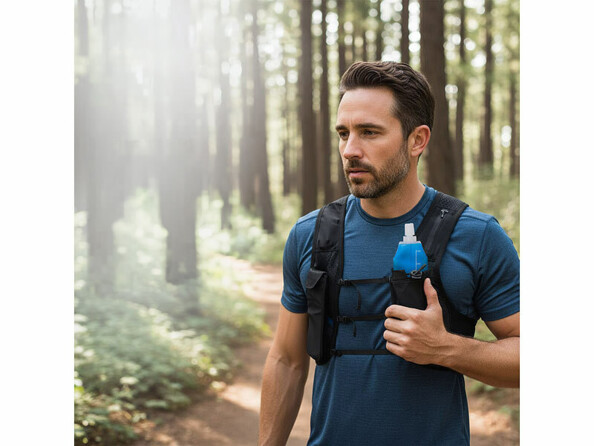 Gilet de trail avec flasque porté par un traileur en forêt
