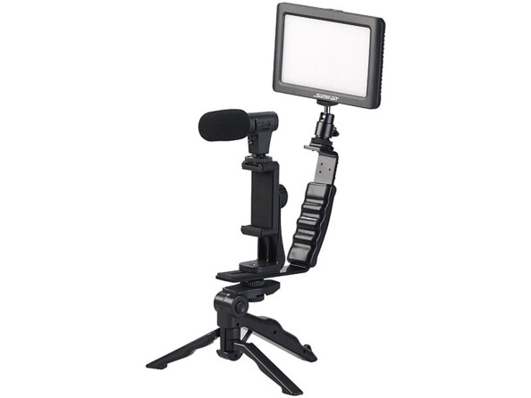 Kit de vlogging Somikon avec lampe LED, microphone, trépied et support pour smartphone.