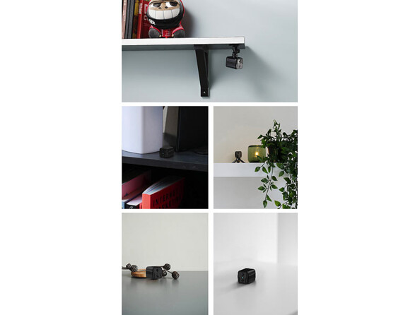 Série de 5 photos illustrant une utilisation de la caméra de surveillance minuscule sans fil de 7Links, rechargeable par USB, adaptateur secteur ou batterie d'appoint, pour une autonomie jusqu'à 6 mois sans détection et 12 mois en veille