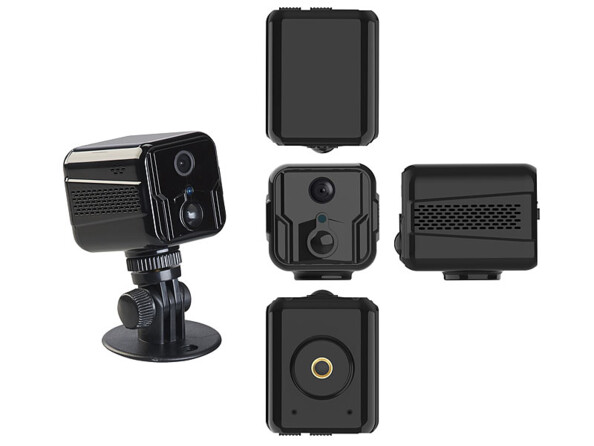 Micro caméra IP Full HD IPC-85.mini coloris noir avec support, câble USB, matériel de montage et mode d'emploi en français, illustrée fixée au support avec vue de ses 4 quatre faces (dessus, dessous, côté droit, côté gauche)