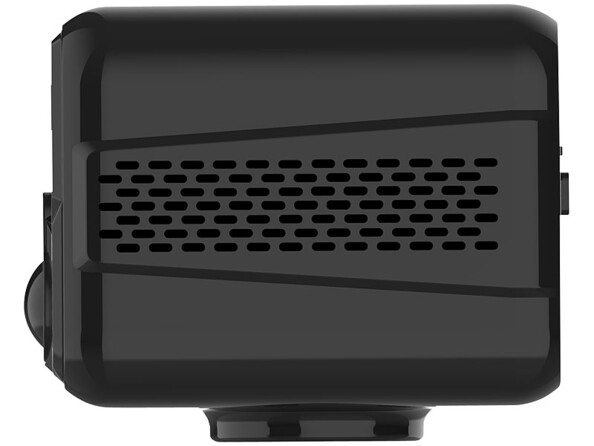 Côté droit du mini espion noir 7Links avec micro et haut-parleurs visibles sur toute la longueur du côté via une grille à petits trous