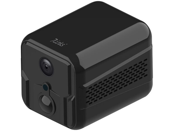 Micro caméra de vidéosurveillance noire avec logo 7Links inscrit au bord, sur le dessus de l'appareil, équipée d'une batterie intégrée lithium-polymère 3000 mAh et d'une connectivité wifi pour connexion à ELESION disponible sur iOS/Android