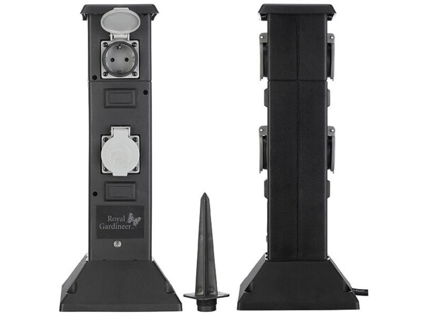 Multiprise de jardin connectée et intelligente avec 4 prises et commandes vocales vue de face et de côté avec piquet