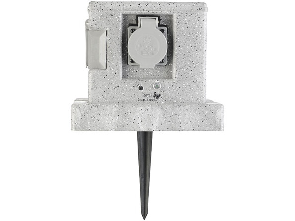 Multiprise de jardin connectée et intelligente avec 4 prises et commandes vocales aspect pierre vue avec piquet