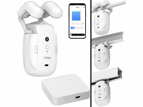 Pack avec robot, 2 bras de fixation pour tringle à rideaux, 2 bras de fixation pour rails (profilés en T et en U), chaîne, câble USB (USB-C vers USB-A, 30 cm), petit tournevis, passerelle wifi et câble USB (30 cm, USB-C vers USB-A)