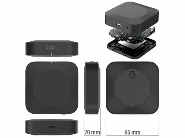 Passerelle réseau wifi avec bluetooth Mesh vu sous différents angles avec dimensions en mm et vue éclatée