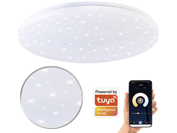 Plafonnier "ciel étoilé" connecté et intelligent à commandes vocales vue avec smartphone et zoom sur les étoiles