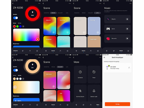 8 captures d'écran de l'application gratuite ELESION disponible sur smartphone et tablette iOS/Android illustrant les différents réglages possibles de la lumière du projecteur LED