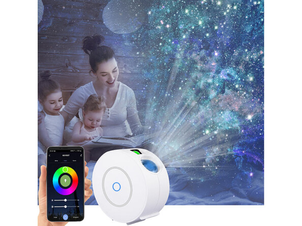 Projecteur laser et LED RVB connecté avec effet ciel étoilé.