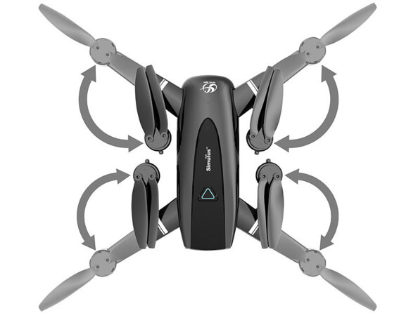 Quadricoptère GPS connecté pliable avec caméra 4K GH-260.fpv vue du haut avec schéma de replie des bras d'hélices