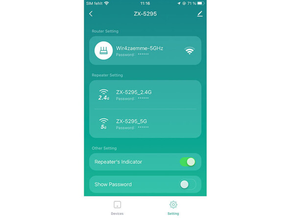 Répéteur wifi Dual Band connecté 1200 Mbps vue d'écran de l'application ELESION