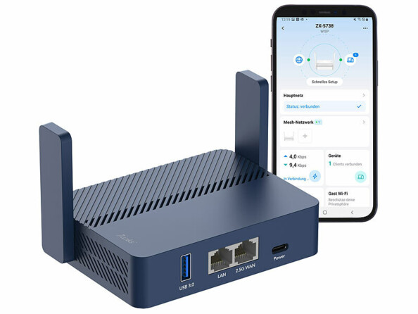 Routeur mobile wifi 6 double bande 3000 Mb/s vu de dos avec smartphone affichant l'application