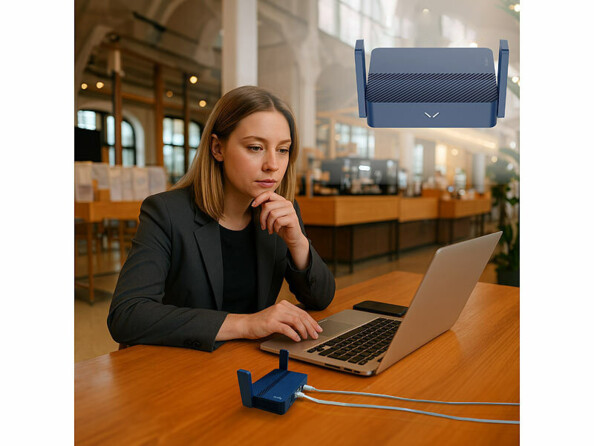 Routeur mobile wifi 6 double bande 3000 Mb/s po sé sur un bureau avec une personne assise devant un PC portable