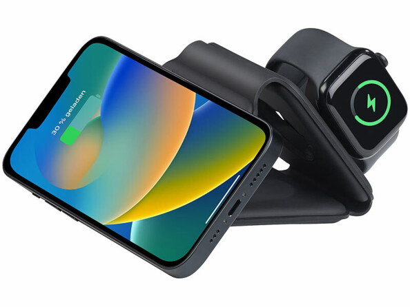 Station de chargement sans fil 15 W pour smartphone, Apple Watch, AirPods, - noir