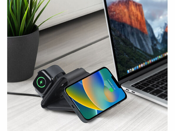 Station de chargement sans fil 15 W pour smartphone, Apple Watch, AirPods, - noir