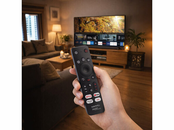 Télécommande universelle tenue en main mise en situation dans un salon avec TV