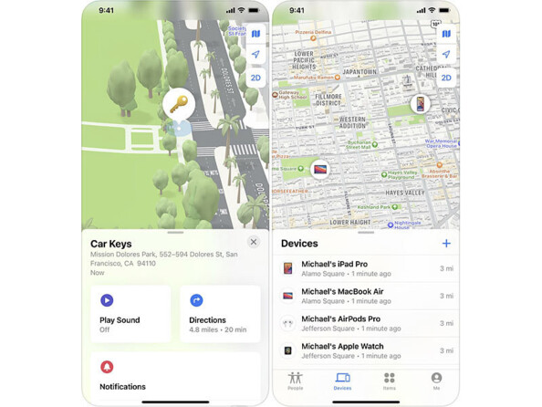 Deux captures d'écran de l'application "Localiser" de l'App Store mettant en situation l'utilisation du trouveur d'objet
