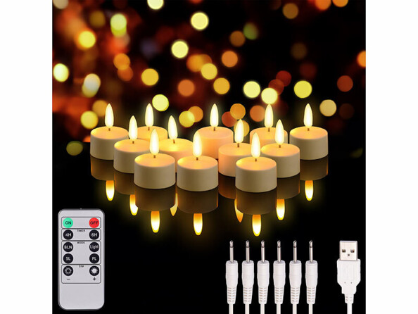 Pack de 12 bougies chauffe-plat à LED rechargeables avec câble, télécommande et pile bouton CR2025