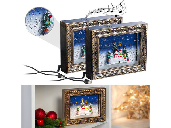 2 cadres de Noël "Bonhommes de neige" avec LED, musique et neige de la marque Infactory