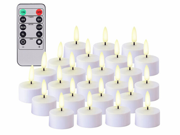 12 bougies chauffe-plat LED effet flamme rechargeables et télécommandées de la marque Lunartec