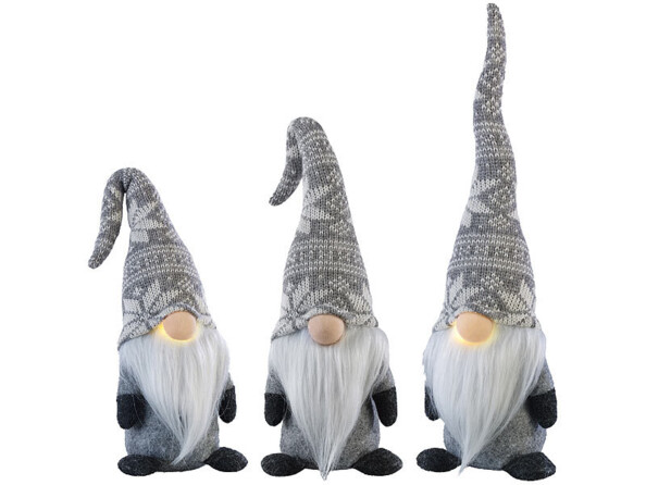 Pack de 3 lutins décoratifs gris avec bras mobiles, bonnet flexible et nez lumineux