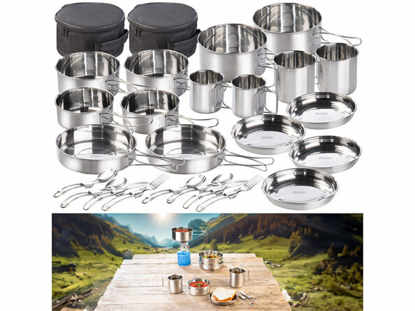 Batterie de cuisine pour camping 24 ustensiles avec photo de mise en situation en montagne