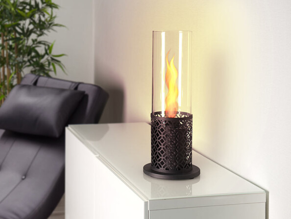Cheminée au bioéthanol.Mise en situation avec sa flamme vrillée en forme de tornade