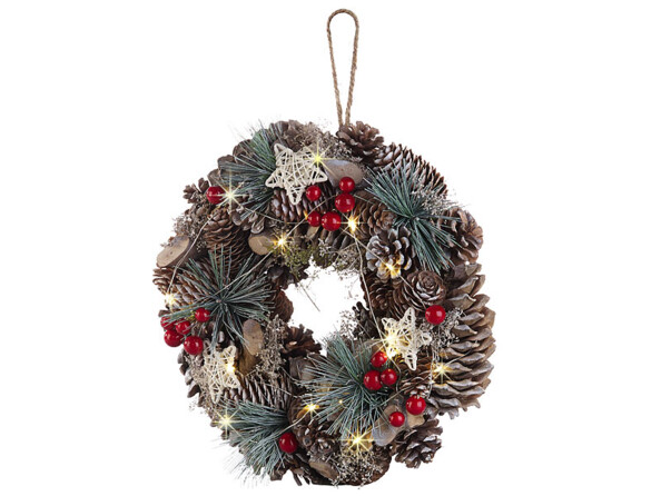 Couronne de l'Avent lumineuse de 30 centimètres de diamètre avec pommes de pin et reflets rouges.