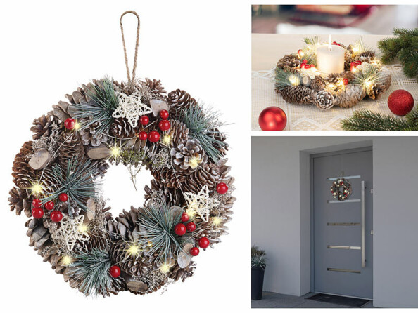 Couronne de l'Avent lumineuse de 30 centimètres de diamètre avec pommes de pin et reflets rouges.