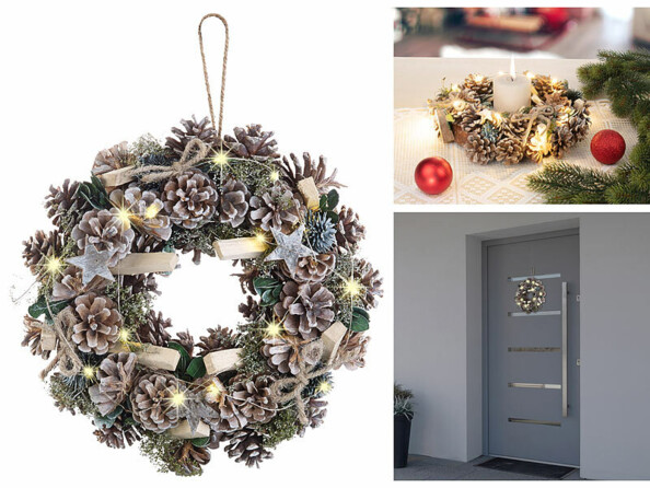 Couronne de l'Avent lumineuse de 30 centimètres de diamètre avec pommes de pin et reflets verts.