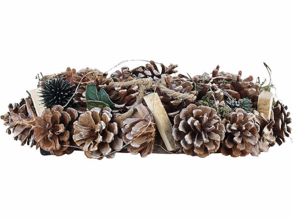 Couronne de l'Avent lumineuse de 30 centimètres de diamètre avec pommes de pin et reflets verts.