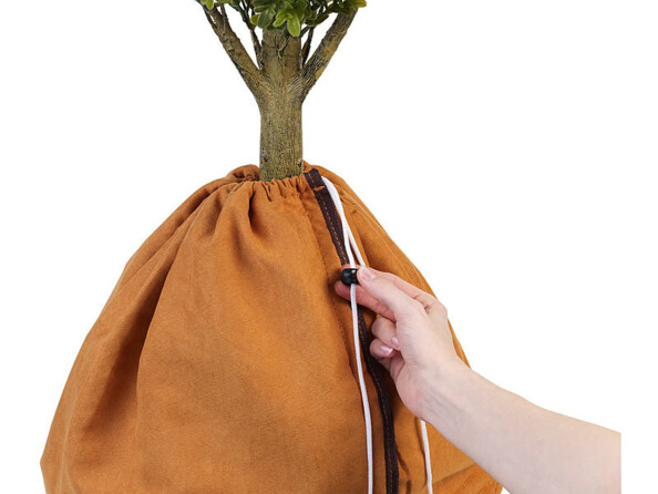 Main d'une personne protégeant une plante en pot contre le gel en fermant une housse d'hivernage marron à l'aide de cordelettes beiges autour de la plante en question