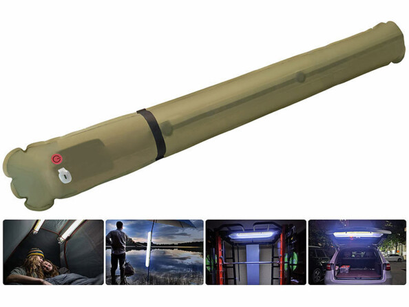 Lampe de camping en forme de bâton avec 4 mises en situation dans une tente, à la pêche, dans un garage automobile et dans le coffre d'une voiture