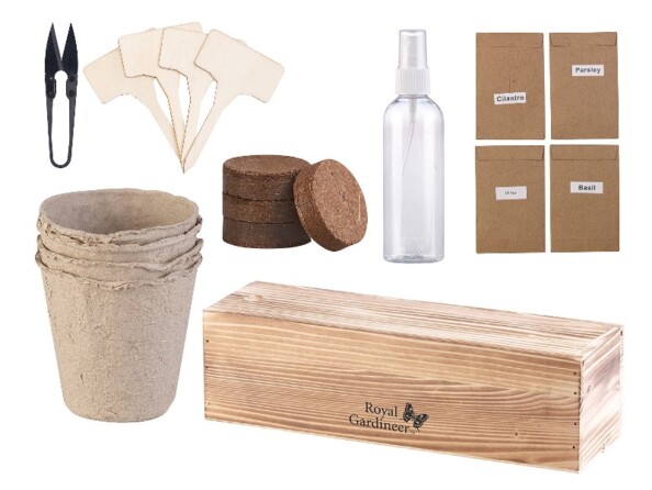 Set de culture pour plantes aromatiques avec basilic, origan, thym et romarin.