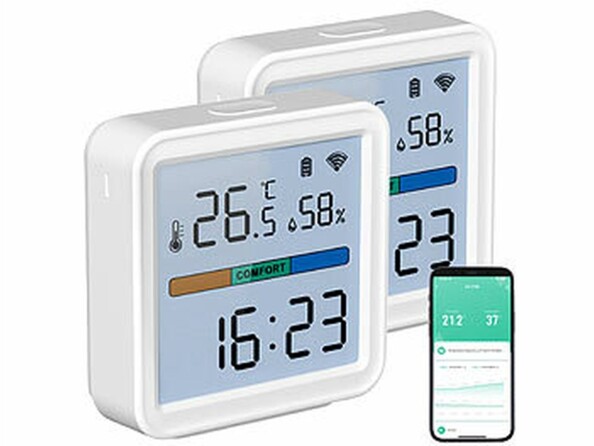 Pack de 2 thermomètres et hygromètres connectés de la marque Luminea Home Control