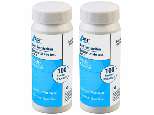 Pack de 200 bandelettes de test de l'eau 2 en 1 dans leur bouteille de rangement respective (100 dans chacune des deux)
