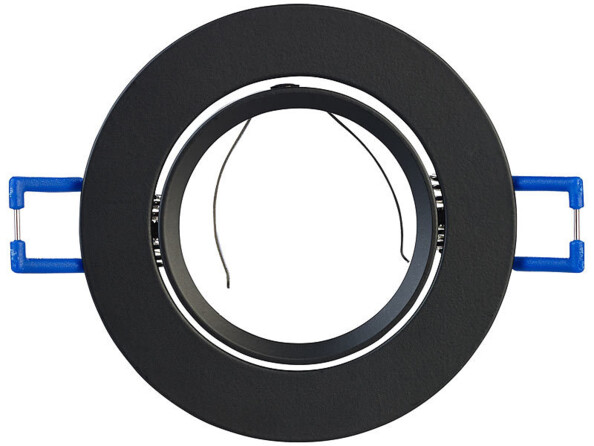 Vue du dessus du cadre encastrable rond noir avec bornes bleues à ressort pour fixation au plafond et languettes métalliques pour maintien de l'ampoule