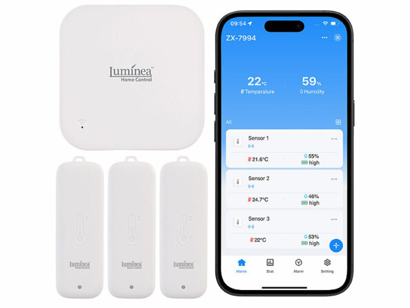 3 capteurs température et humidité étanche avec passerlle wifi et smartphone sur le coté montrant l'application