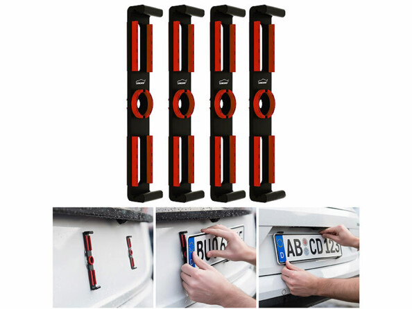 4 supports de plaque d'immatriculation et 3 vignettes avec mise en situation sur véhicule