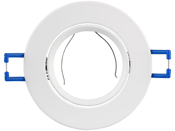 Vue du dessus du cadre encastrable rond blanc avec bornes bleues à ressort pour fixation au plafond et languettes métalliques pour maintien de l'ampoule
