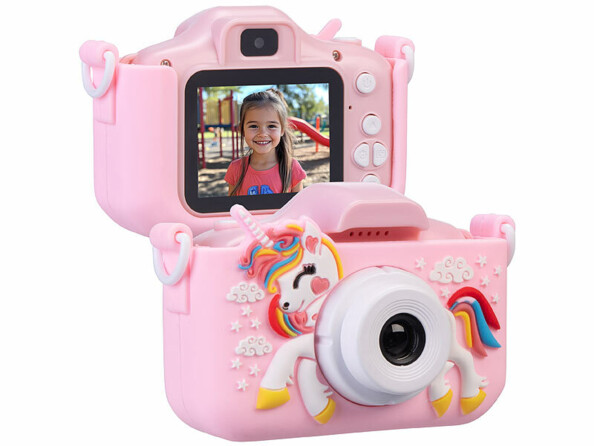 Appareil photo pour enfant 2 objectifs avec étui licorne rose