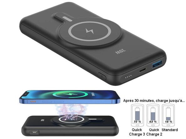 Visualisation du chargement par induction d'un smartphone bleu métal allumé par le biais de la batterie de secours via la schématisation d'ondes électromagnétiques en couleurs et capacité de charge au bout de 30 min d'alimentation