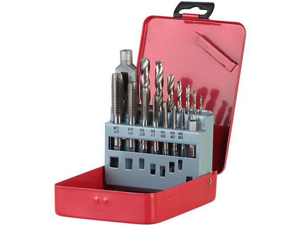 2 boîtes avec 14 forets et 14 tarauds HSS-G pour perceuse et 2 tourne-à-gauche