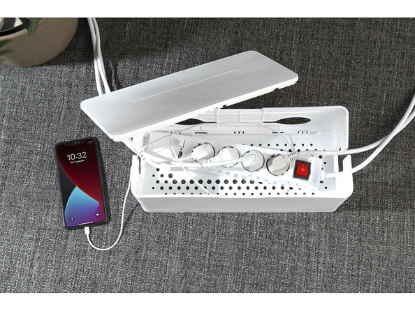 Boîte de rangement pliable pour multiprise coloris blanc mise en situation couvercle ouvert