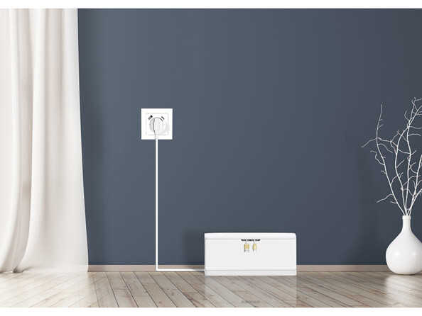 Boîte de rangement pliable pour multiprise coloris blanc mise en situation au sol