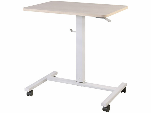 Bureau assis/debout manuel avec roulettes aspect bois