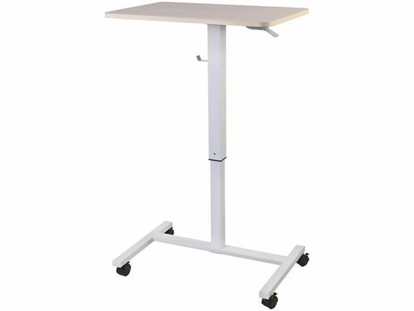 Bureau assis/debout manuel avec roulettes aspect bois